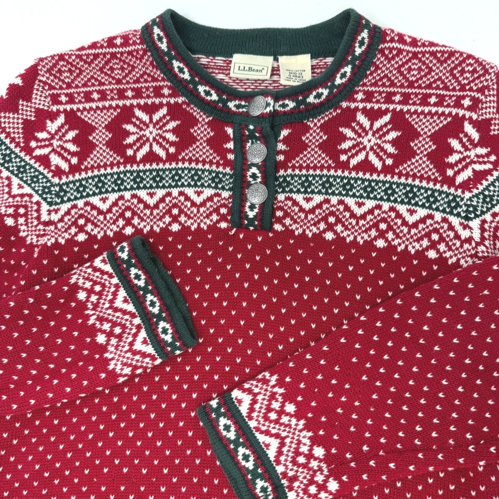 LL Bean Girls Medium 10-12 Red Fair Isle Snowflake Cotton Henley Sweater
